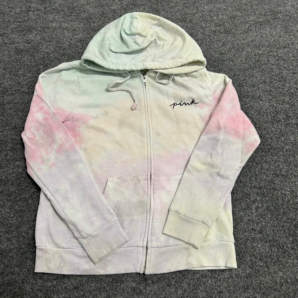 PINK Hoodie Womens Size M Pastel Tie-Dye Full Zip Embroidered Logo Sweatshirt